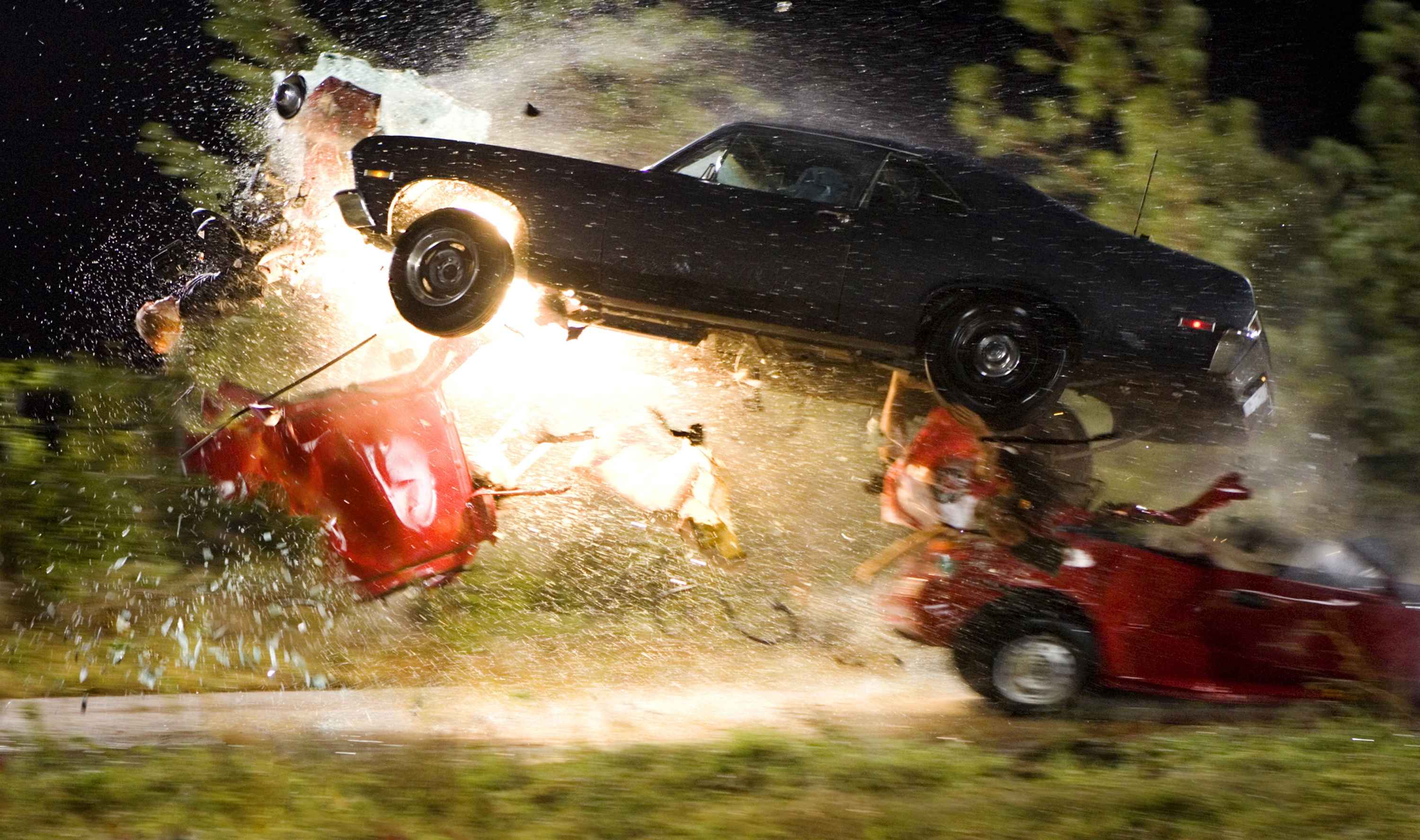 An explosive crash from Quentin Tarantino's Death Proof (Grind House).